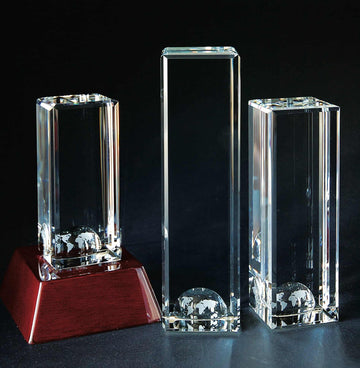 Atlas World Tower Crystal Award, customizable with texts and logos, engraved crystal globe award